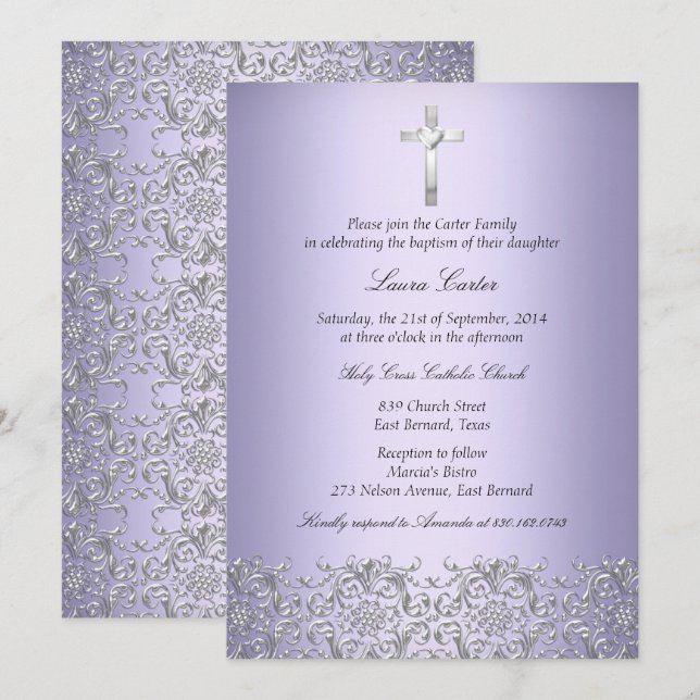 Elegant Damask Cross Purple Baptism/Christening Invitation (Front/Back)