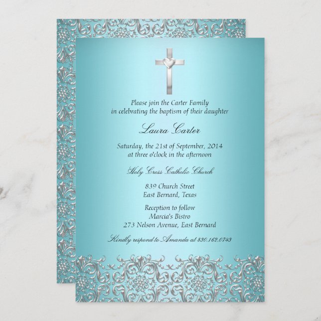 Elegant Damask & Cross Teal Baptism/Christening Invitation (Front/Back)