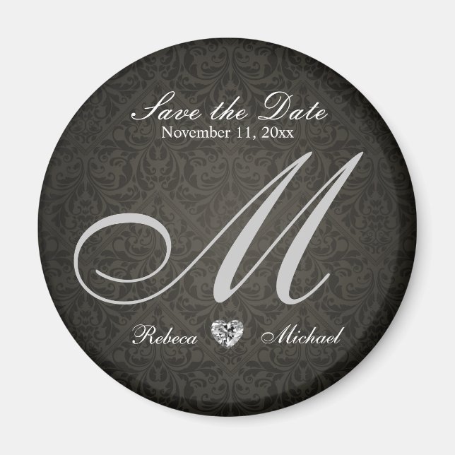 Elegant Damask Diamond Monogram Save the Date Magnet (Front)