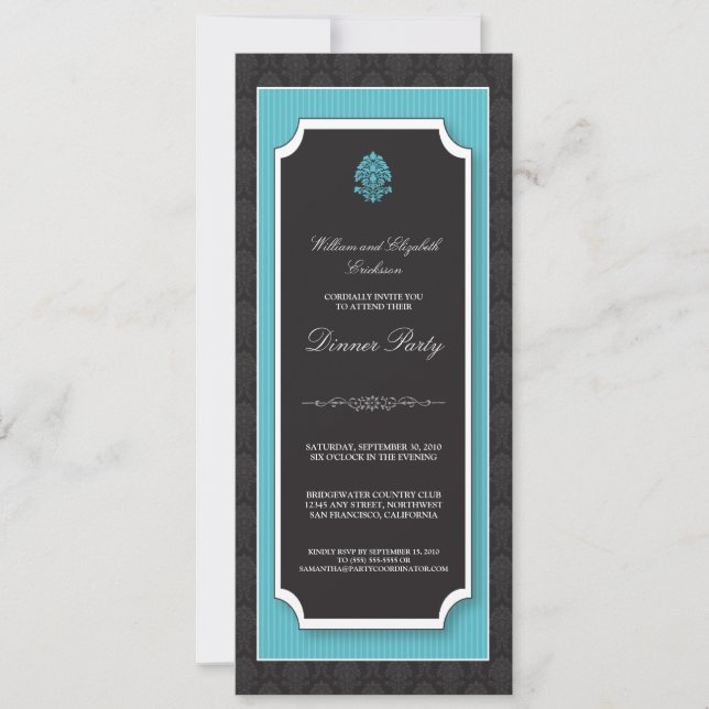 Elegant Damask Dinner Party Invitation (aqua) (Front)