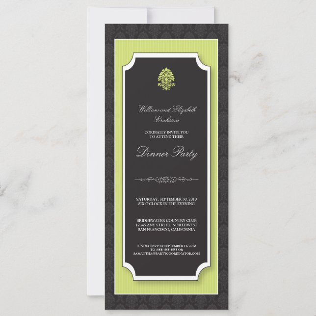 Elegant Damask Dinner Party Invitation (lime) (Front)