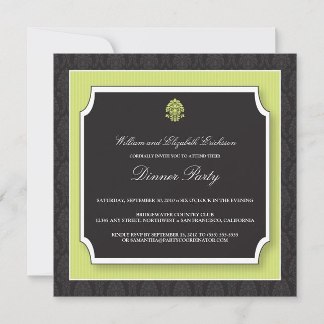 Elegant Damask Dinner Party Invitation (lime) (Front)