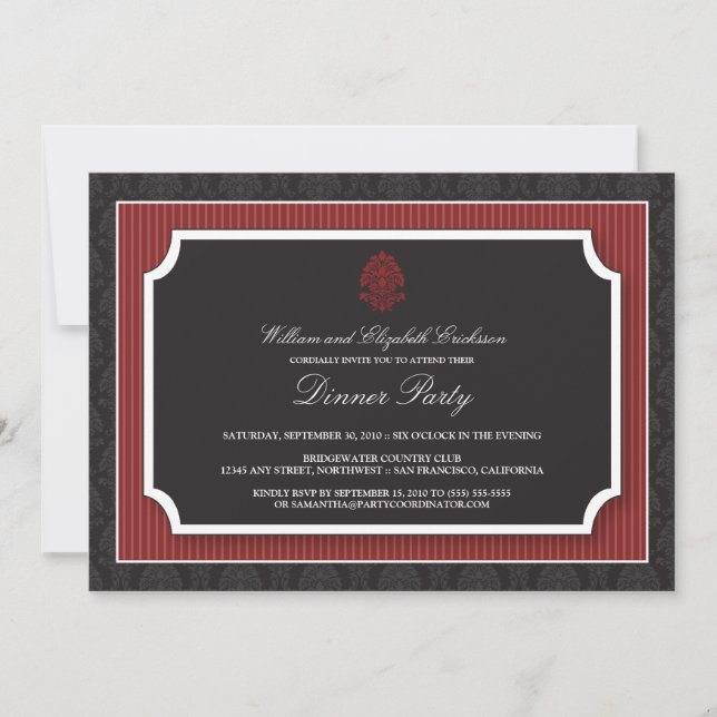 Elegant Damask Dinner Party Invitation (maroon) (Front)