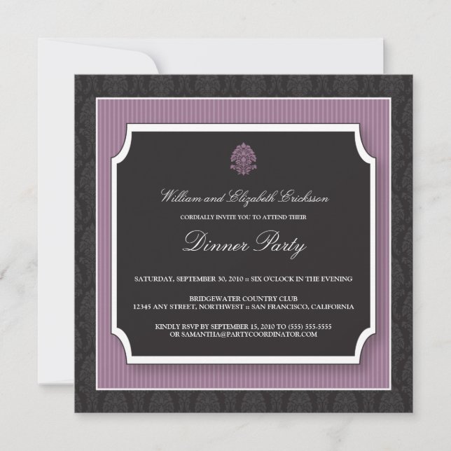Elegant Damask Dinner Party Invitation (purple) (Front)