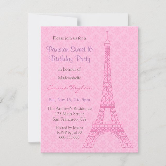 Elegant Damask Eiffel Tower Paris Birthday Party Invitation (Front)