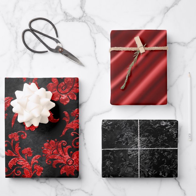 Elegant Damask Faux Velvet Red Black Gift Wrapping Paper Sheet (Front)