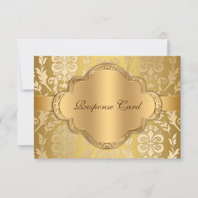 Elegant Damask Floral Swirl Gold Anniversary RSVP (Front)
