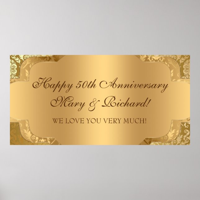 Elegant Damask Floral Swirl Gold Banner Poster (Front)