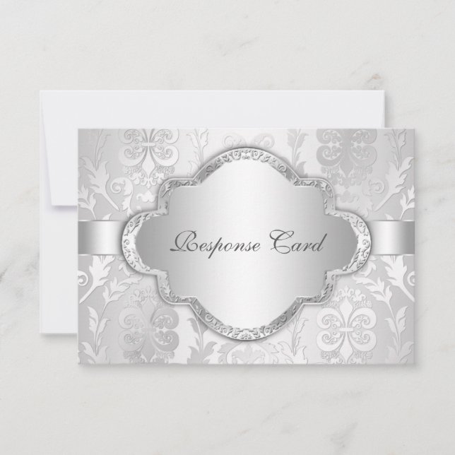 Elegant Damask Floral Swirl Silver RSVP Card (Front)