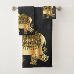 Elegant Damask Gold Paisley Elephant Bath Towel Set