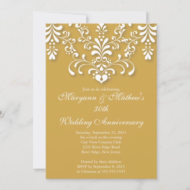 Elegant Damask Gold Wedding Anniversary Invitation (Front)