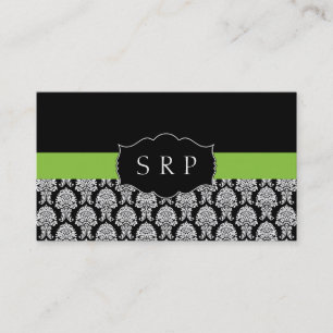 Elegant Damask Green Monogram Business Card