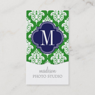 Elegant Damask Green & Navy Custom Monogrammed Business Card