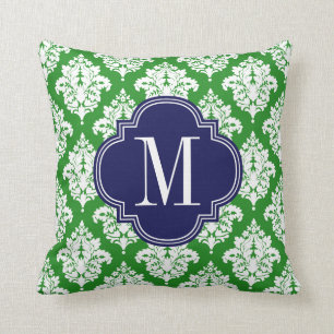 Elegant Damask Green & Navy Custom Monogrammed Throw Pillow