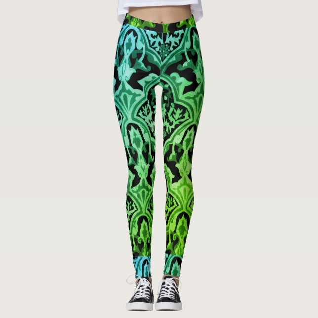 Elegant Damask green pattern Leggings (Front)