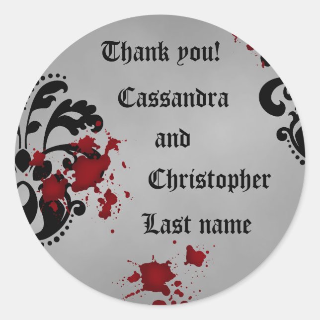 Elegant damask Halloween wedding thank you Classic Round Sticker (Front)