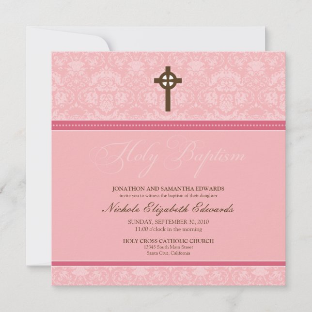 Elegant Damask Holy Baptism Invitation (pink) (Front)