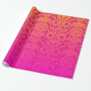 Elegant Damask (Hot Pink and Orange) Wrapping Paper