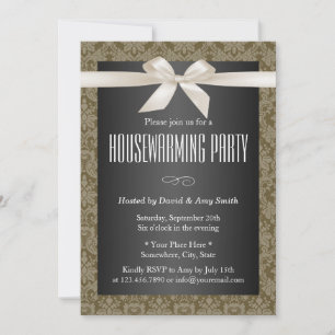 Elegant Damask Ivory Ribbon Housewarming Party Invitation