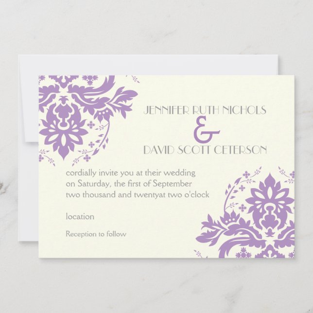 Elegant damask lavender, grey, ivory wedding invitation (Front)