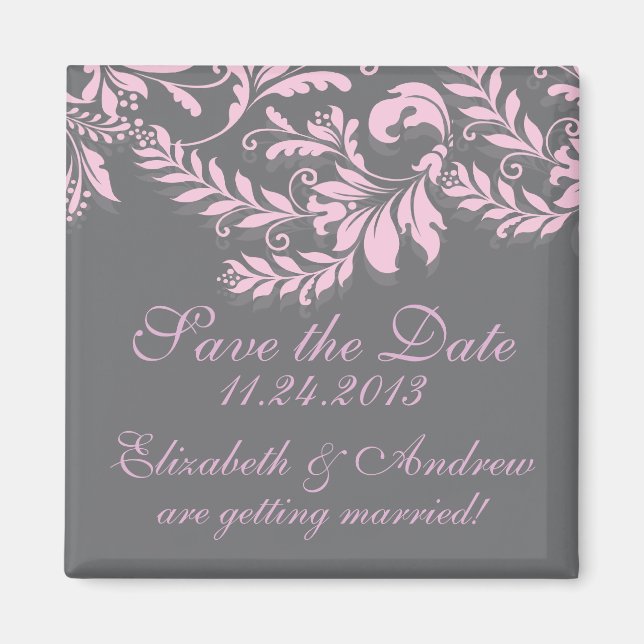 Elegant Damask Leaf Swirl Save The Date Magnet (Front)