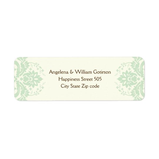 Elegant damask mint green, brown, ivory wedding return address label