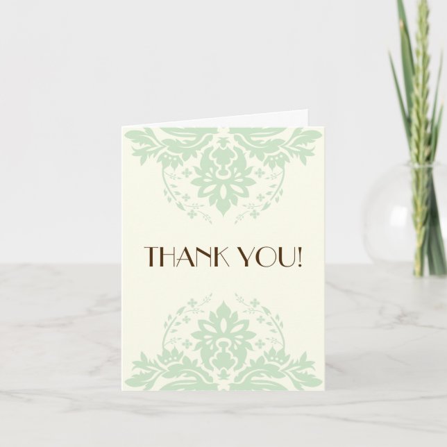 Elegant damask mint green, ivory wedding Thank You (Front)