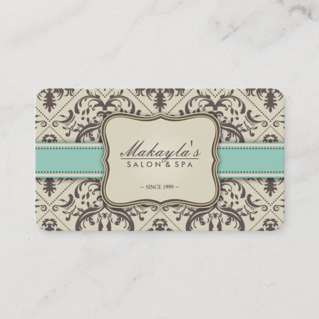 Elegant Damask Modern Brown, Green and Beige Business Card (Front)