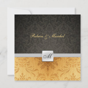 Elegant Damask Monogram black and gold Wedding Invitation