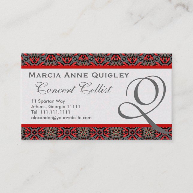 Elegant Damask Monogram Q Business Cards (Front)