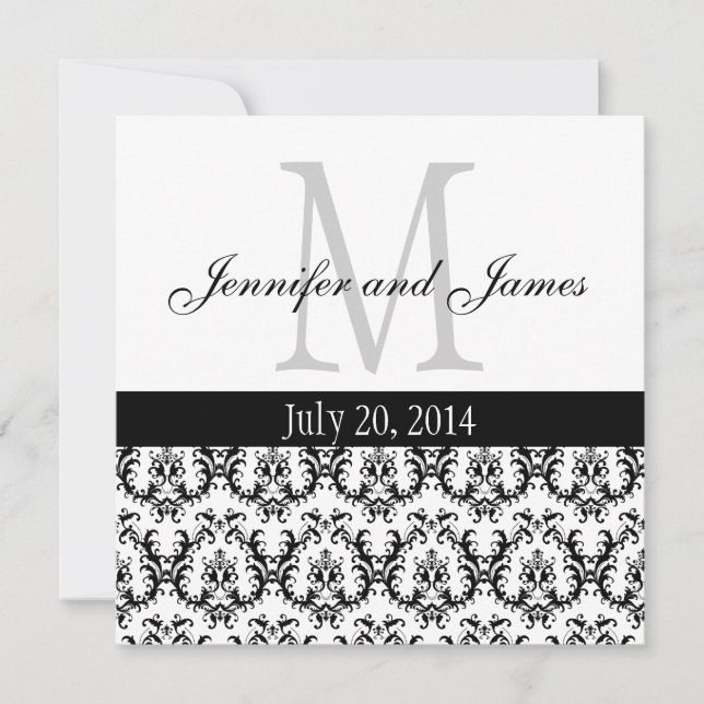 Elegant Damask Monogram Wedding Invitation B & W (Front)