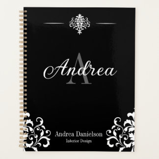 Elegant Damask Monogrammed Black and white Office Planner