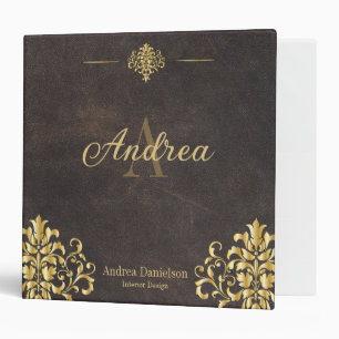 Elegant Damask Monogrammed Gold and Leather Office Binder