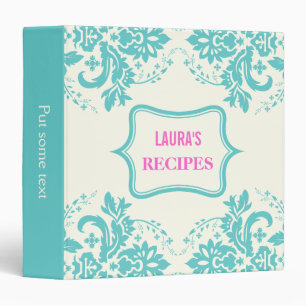 Elegant damask motif aqua, hot pink, ivory recipe binder