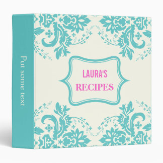 Elegant damask motif aqua, hot pink, ivory recipe binder