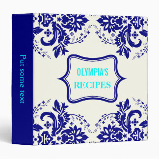 Elegant damask motif navy blue, aqua, ivory recipe binder