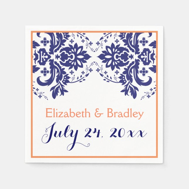 Elegant damask motif navy blue, coral wedding napkin (Front)