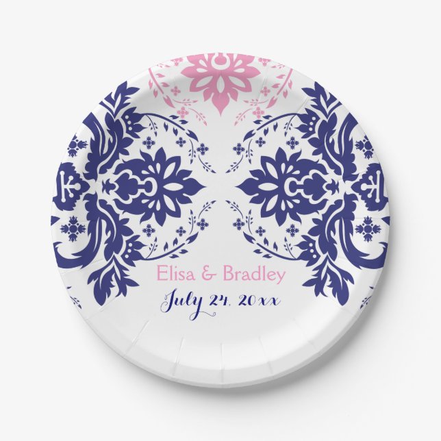 Elegant damask motif navy blue, pink wedding paper plate (Front)