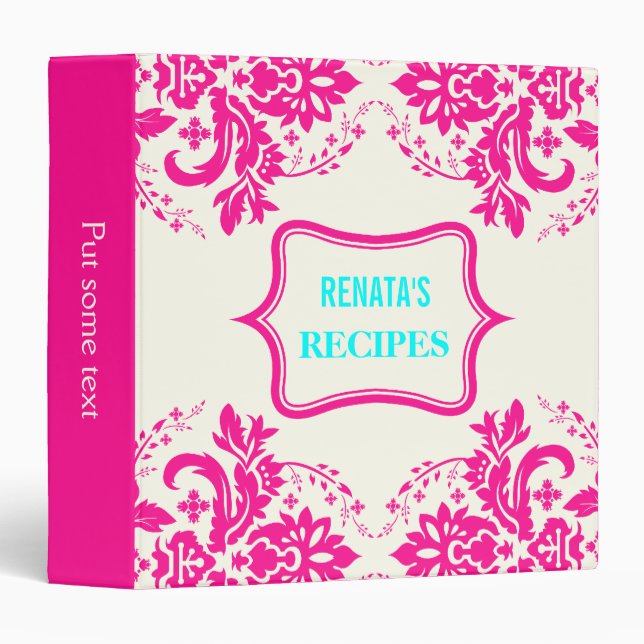 Elegant damask motif pink, aqua, ivory recipe binder (Front/Spine)