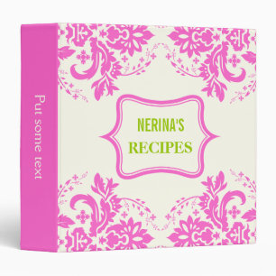 Elegant damask motif pink, green, ivory recipe binder