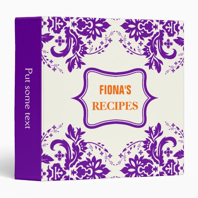 Elegant damask motif purple, orange, ivory recipe binder (Front/Spine)