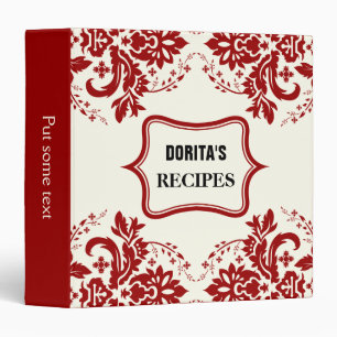 Elegant damask motif red, black, ivory recipe binder