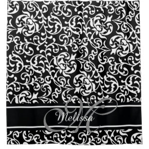Elegant Damask Name and Monogram Black and White