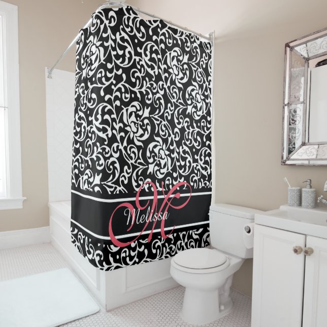 Elegant Damask Name and Monogram Black, Pink White (In Situ)