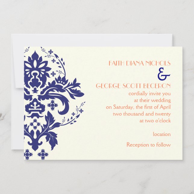 Elegant damask navy blue, coral, ivory wedding invitation (Front)