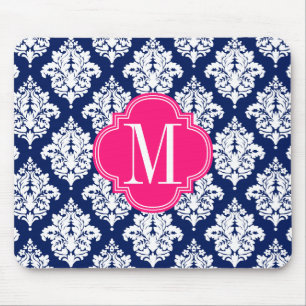 Elegant Damask Navy & Pink Custom Monogrammed Mouse Pad