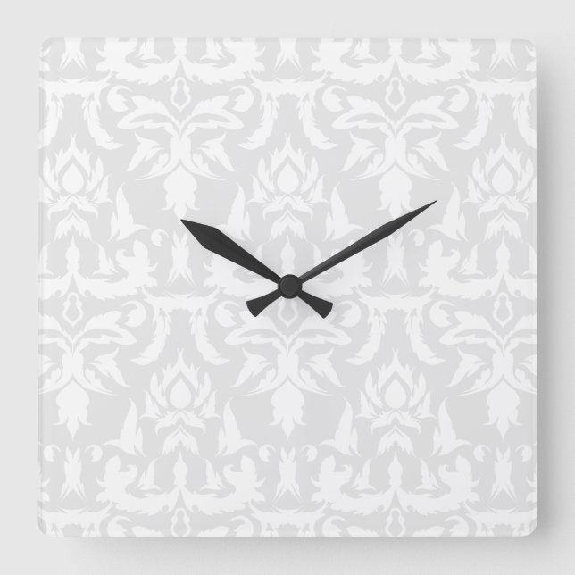 Elegant Damask Pattern Grey White Feminine Square Wall Clock (Front)