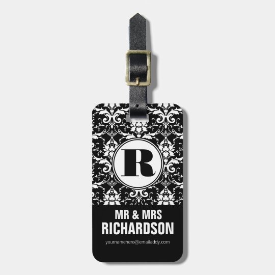 Elegant Damask Pattern Mr and Mrs Monogram Luggage Tag