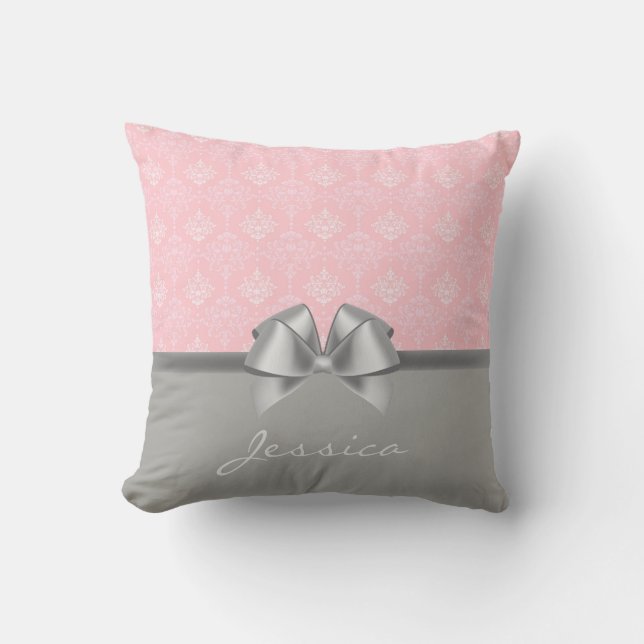 Elegant Damask Pattern Pink and Grey Personalized Throw Pillow (Front)