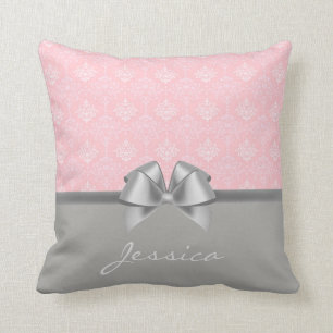 Elegant Damask Pattern Pink and Grey Personalized Throw Pillow